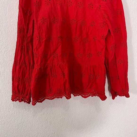 Madewell Red Eyelet Cutout 3/4 Length Sleeve Blouse Top - Picture 4 of 6